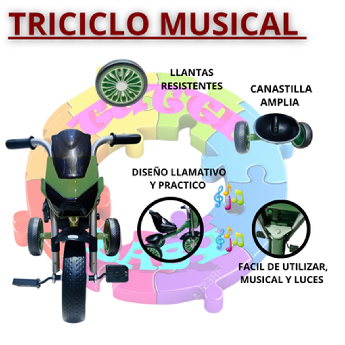 EBABY - TRICICLO MUSICAL CON LUCES Y BLUETOOTH - VERDE OLIVA