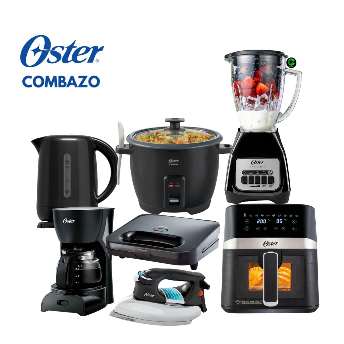 OSTER - Combazo Oster Licuadora + Hervidor + Arrocera + Sandwichera + Cafetera + Freidora y Plancha