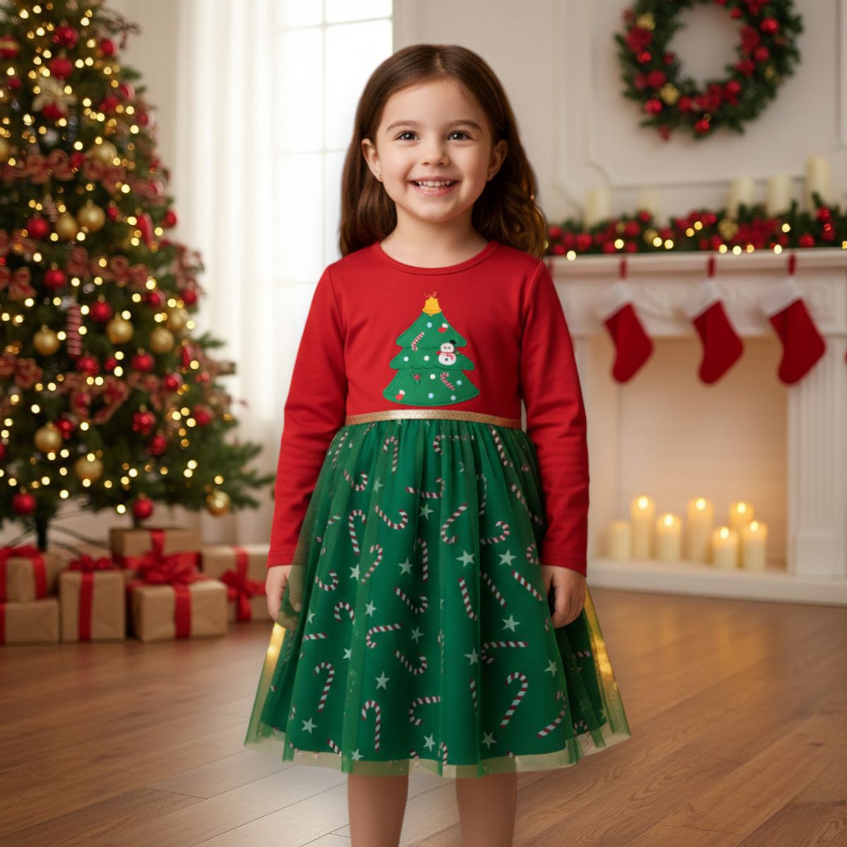 GENERICO - VESTIDO NAVIDEÑO PARA NIÑA CON ESTAMPADO DE NAVIDAD - INCLUYE VINCHA