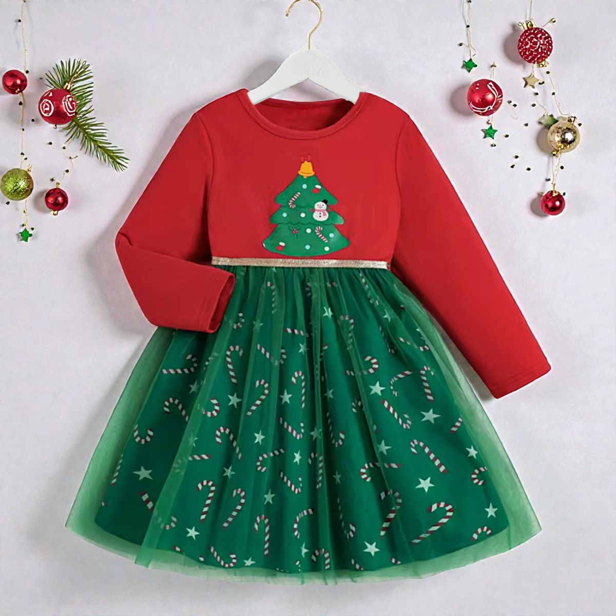 GENERICO - VESTIDO NAVIDEÑO PARA NIÑA CON ESTAMPADO DE NAVIDAD - INCLUYE VINCHA