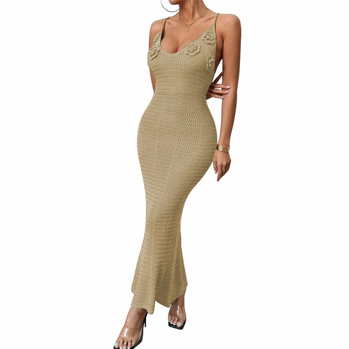 GENERICO - Vestido Tirantes Triple Rosa Ross 359G-26 Hilo Tacto Color Beige