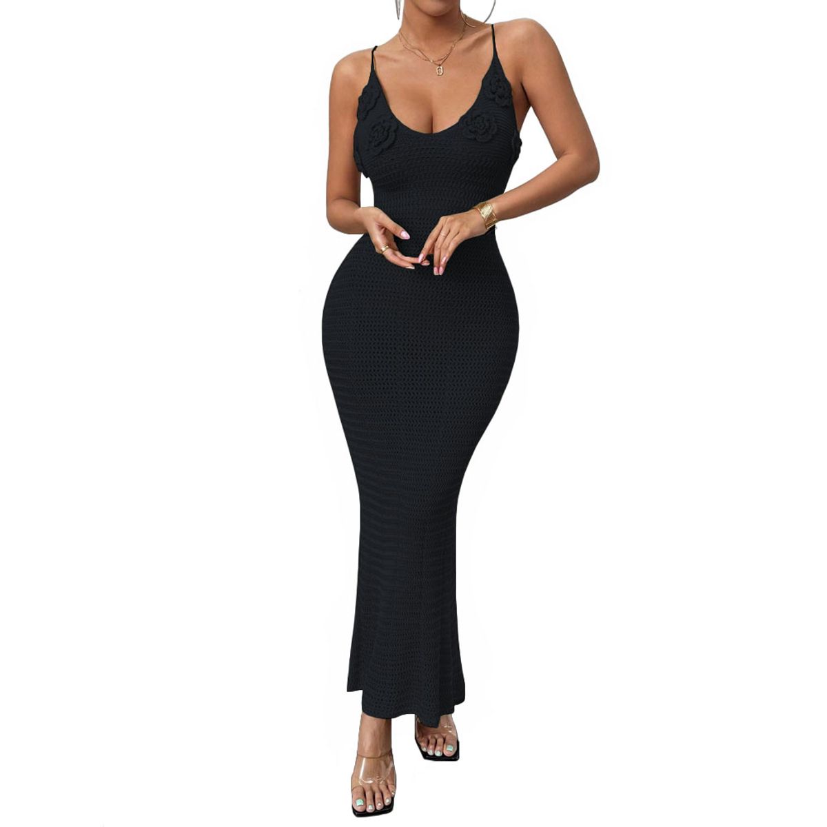 GENERICO - Vestido Tirantes Triple Rosa Ross 359G-26 Hilo Tacto Color Negro