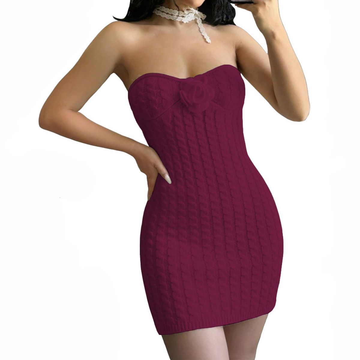 GENERICO - Vestido Tirantes Rosa Ross 359G-26 Hilo Tacto Color Vino