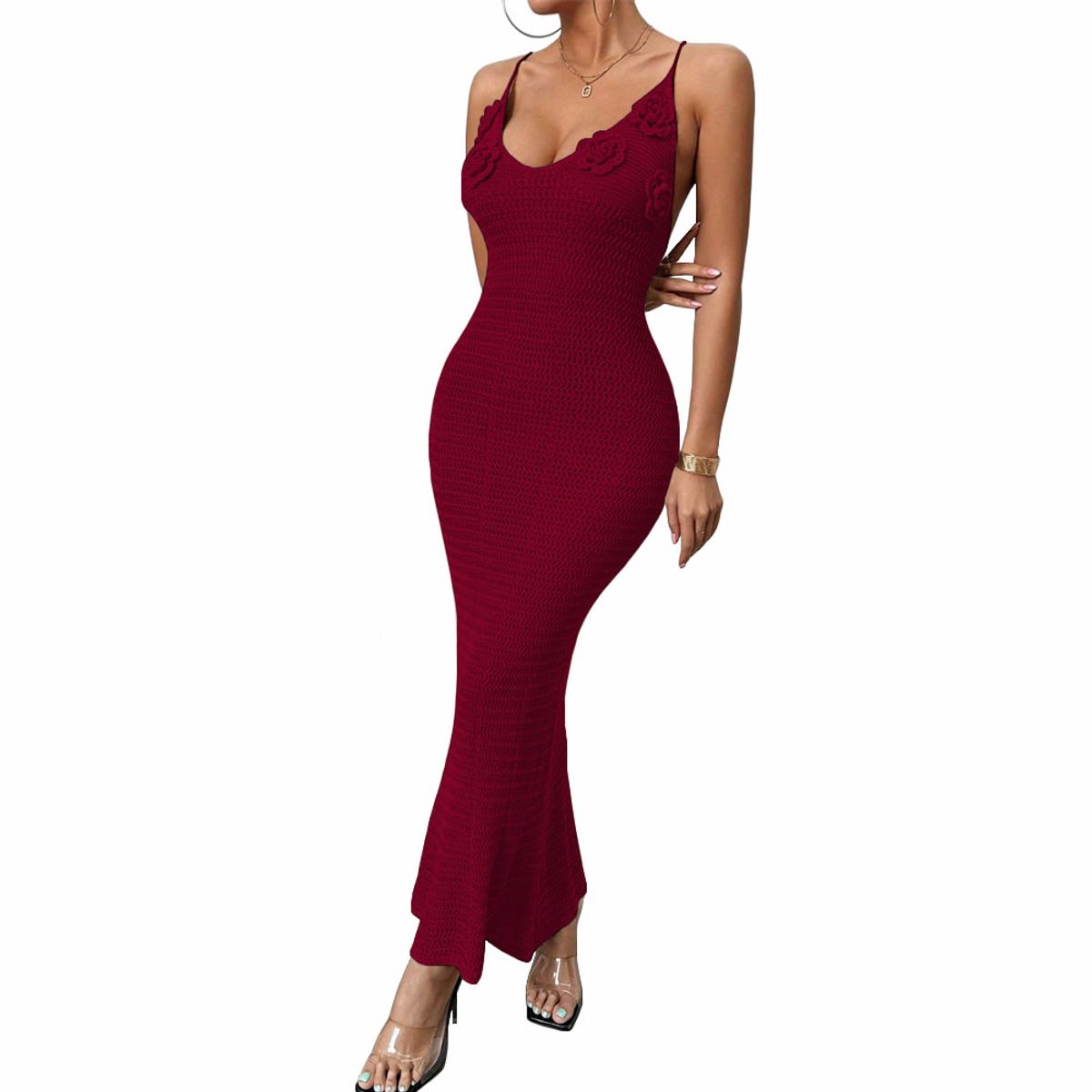 GENERICO - Vestido Tirantes Triple Rosa Ross 359G-26 Hilo Tacto Color Vino