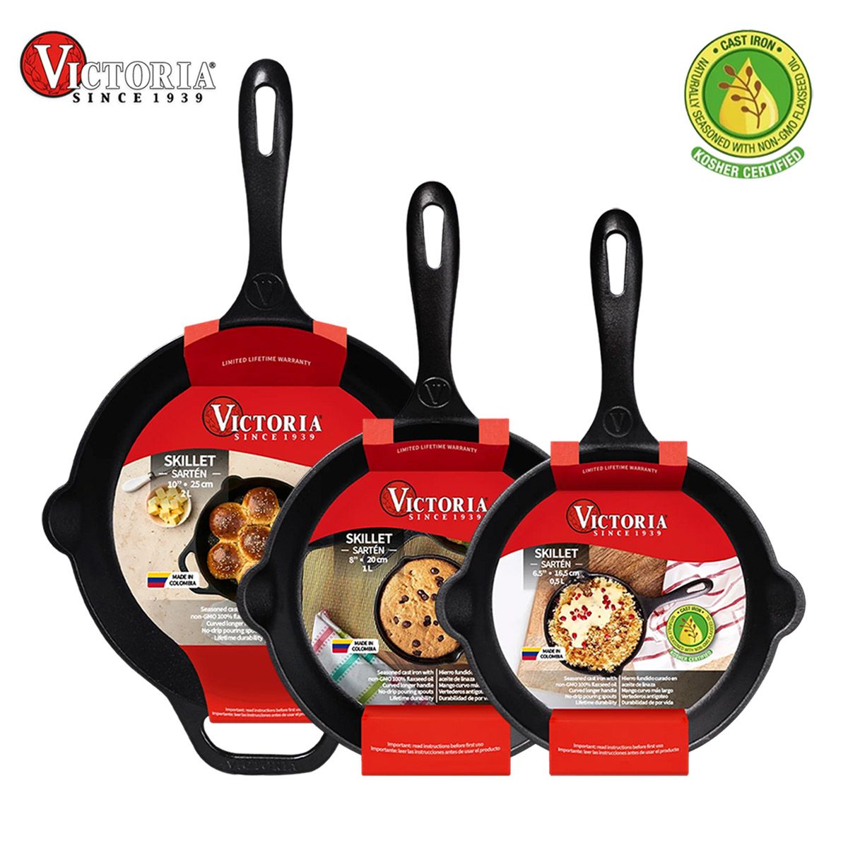 VICTORIA - Set 3 Sartenes Hierro Fundido Curado Victoria 16,20,25 cm