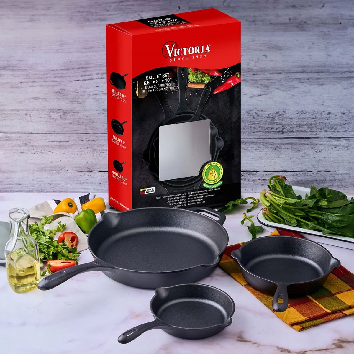 VICTORIA - Set 3 Sartenes Hierro Fundido Curado Victoria 16,20,25 cm