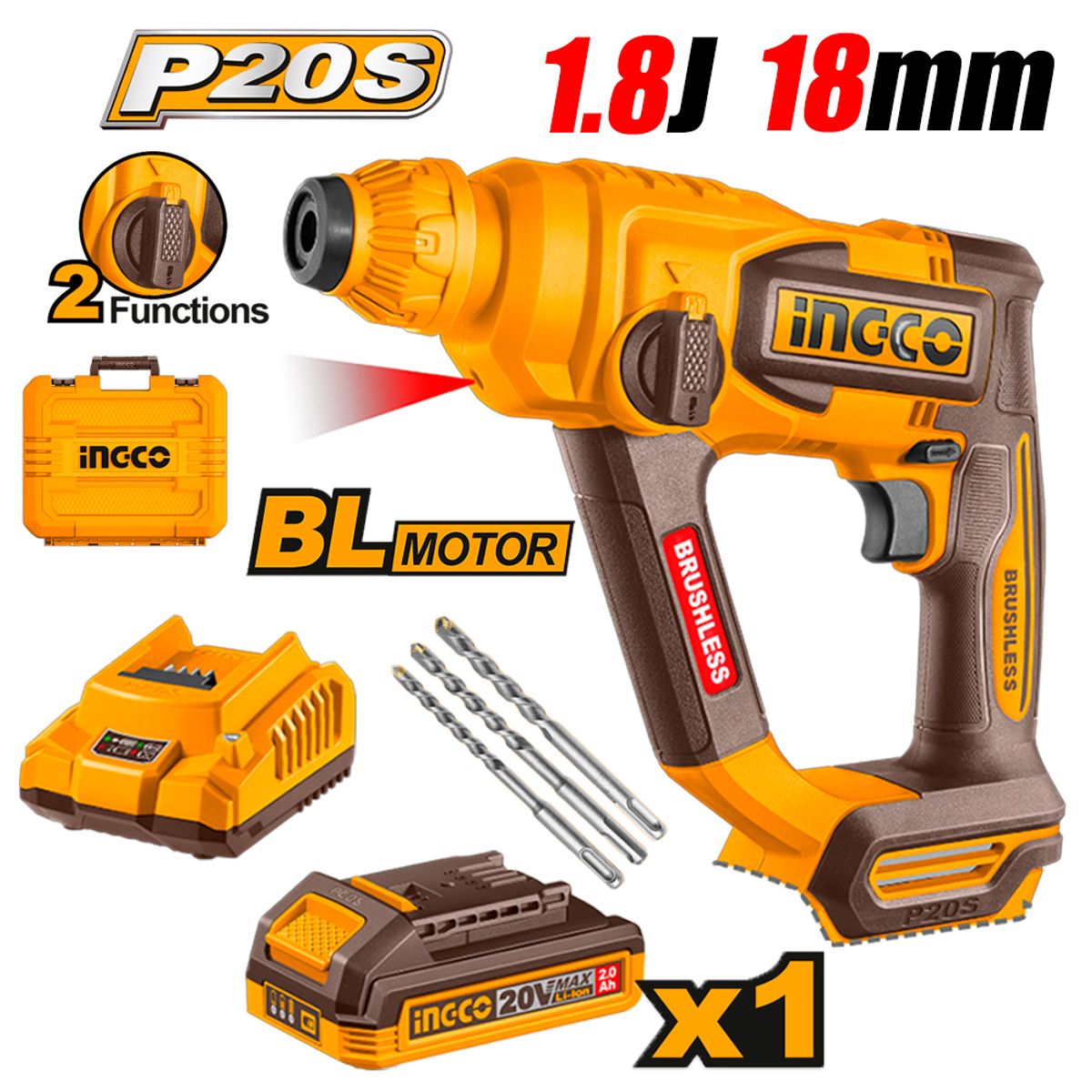 INGCO - Rotomartillo SDS-Plus Inalambrico Ingco CRHLI201881 20V 18J 1Bat x 2Ah Brushless