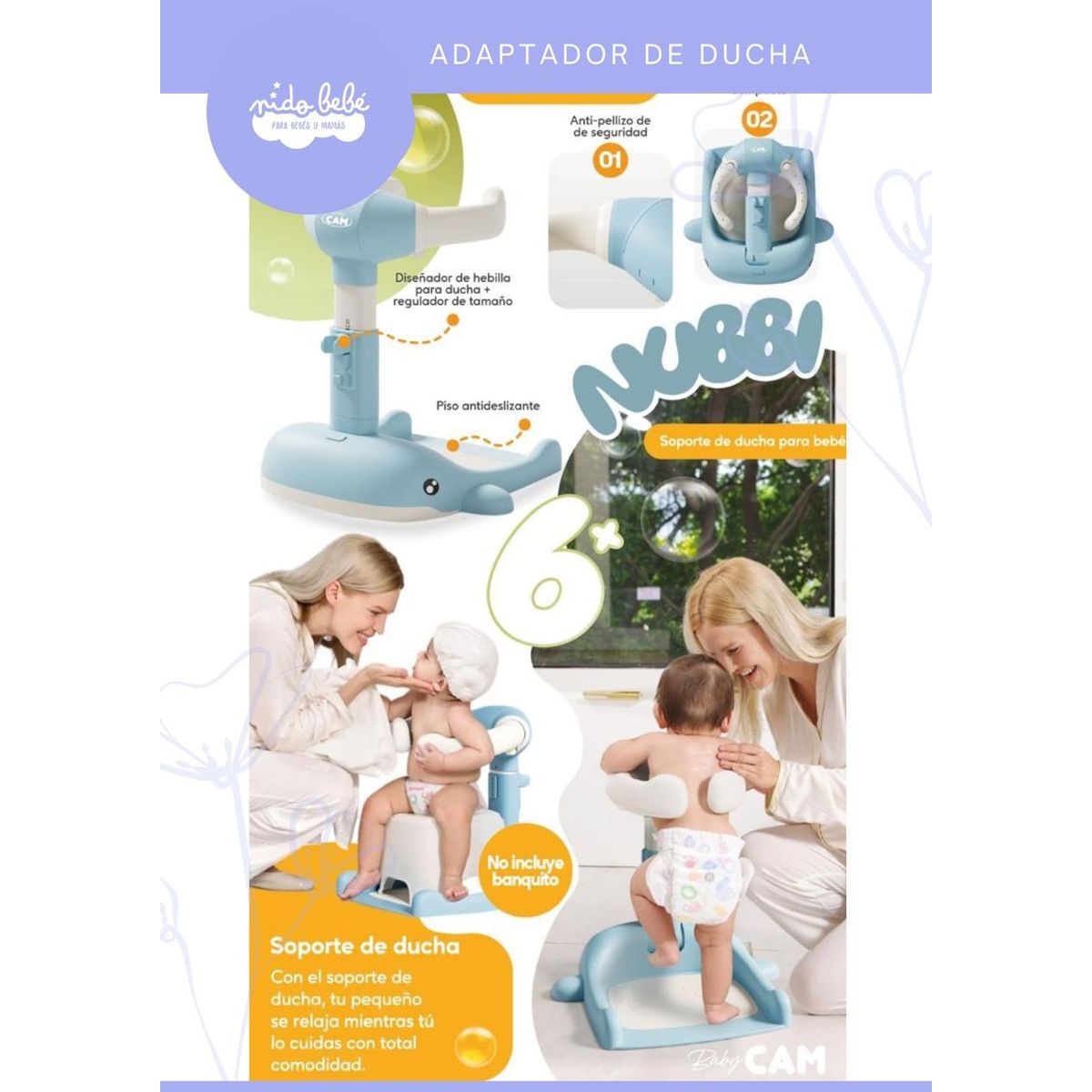 BABY - Soporte de Ducha para Bebé Ajustable DELFIN CELESTE
