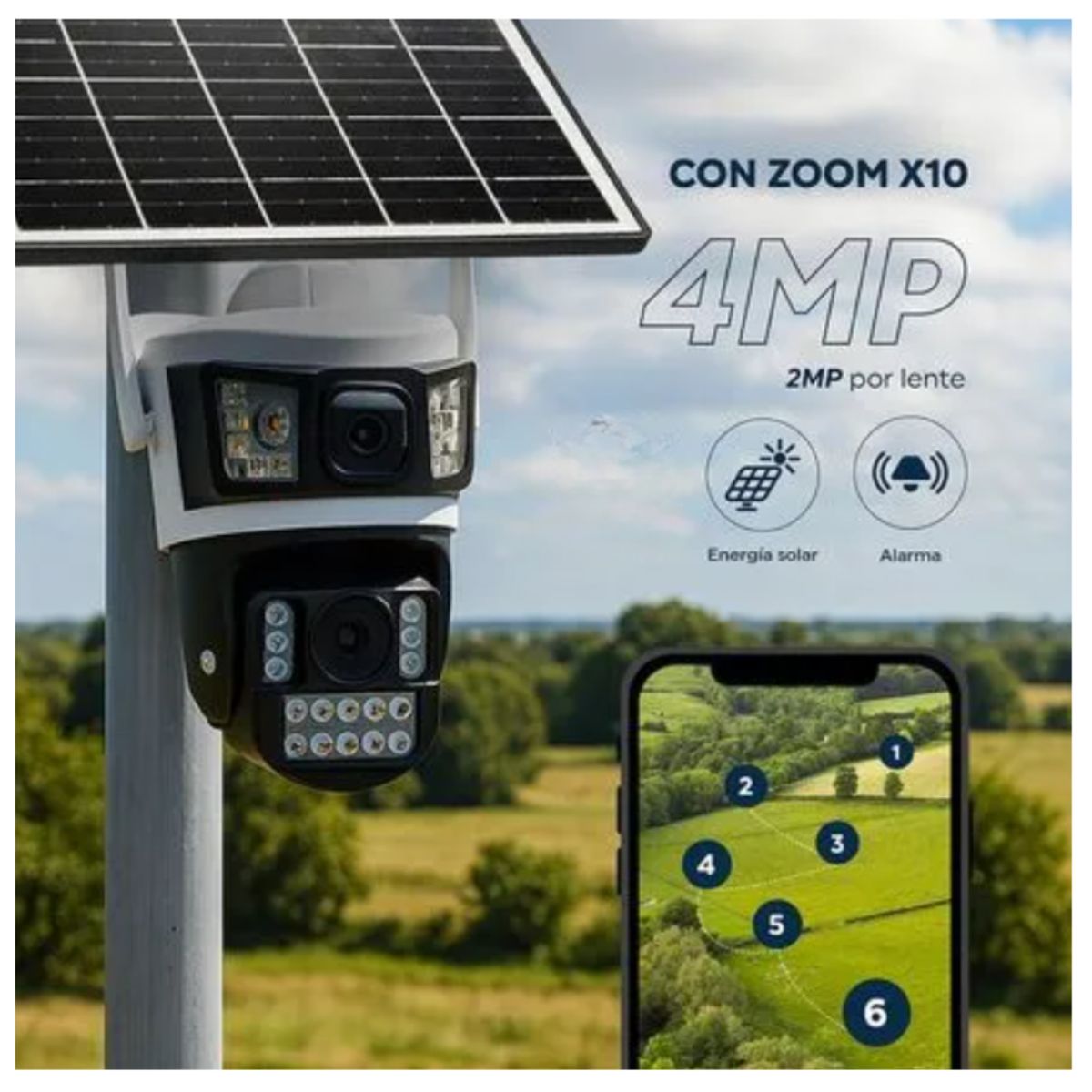 GENERICO - Cámara de Seguridad Solar Chip 4G Doble Lente Full HD Visión Nocturna Batería Recargable