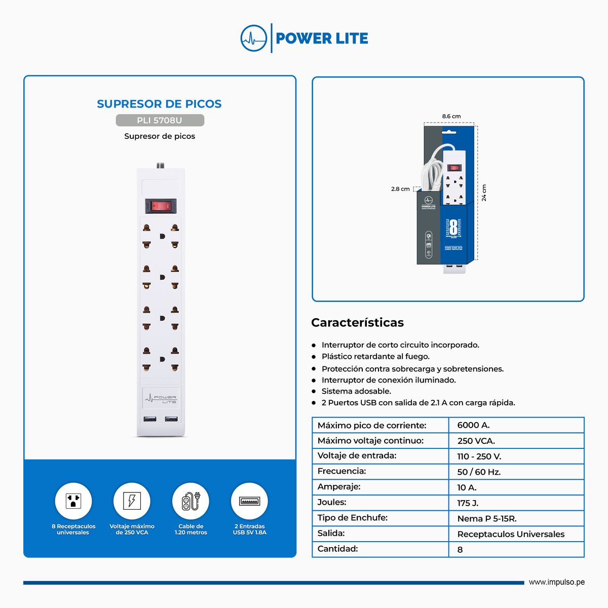 POWER LITE - Supresor de Picos Universal de 4 y 2 USB Tomas 250 VCA Power Lite PLI 5708U