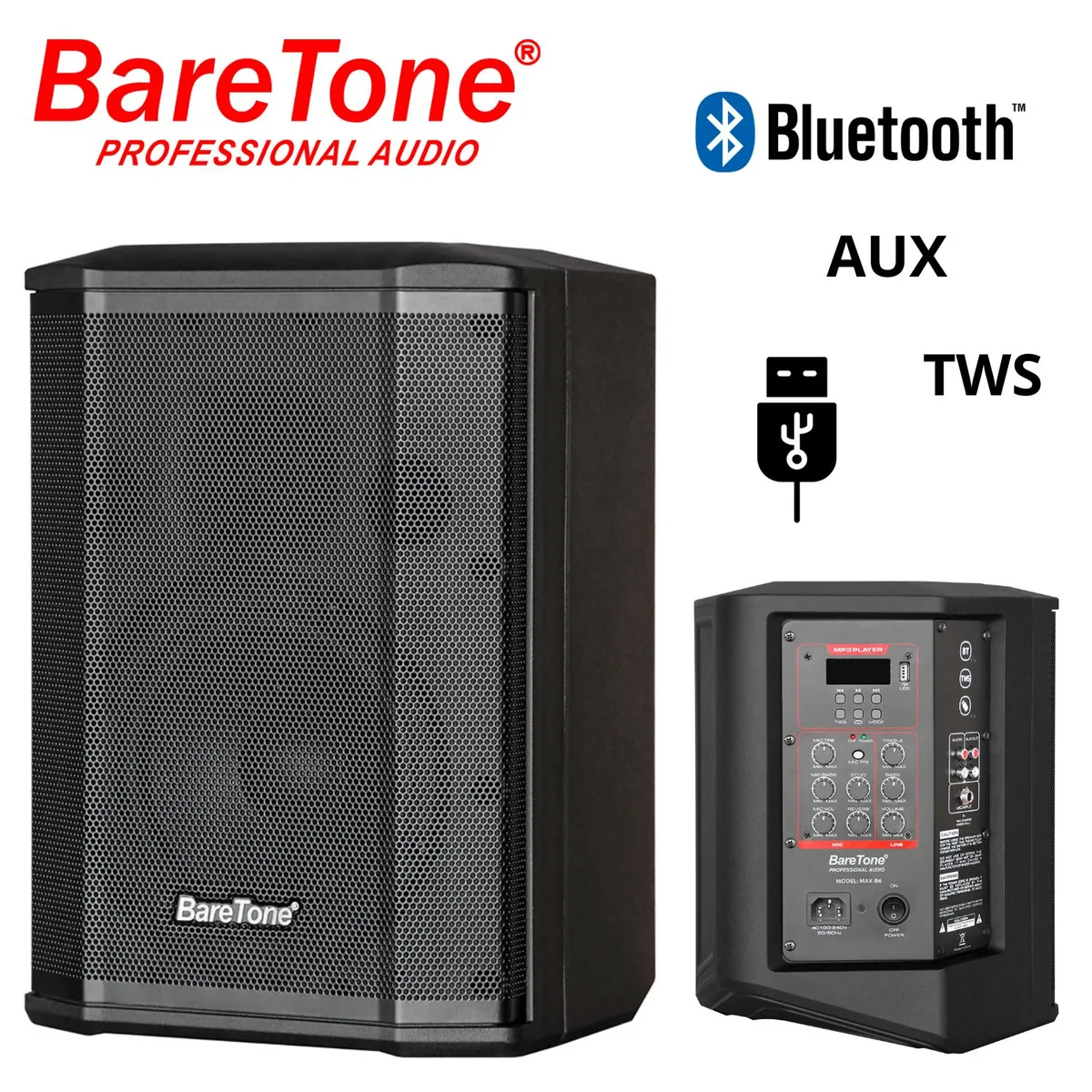 BARETONE - Parlante Baretone Portátil MAX B6 USB BT TWS Batería 6 hrs Aprox