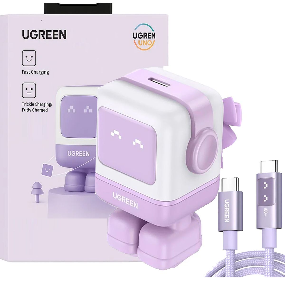 UGREEN - Cargador Robot Ugreen 30w + Cable Con Pantalla 100w 1m Lila