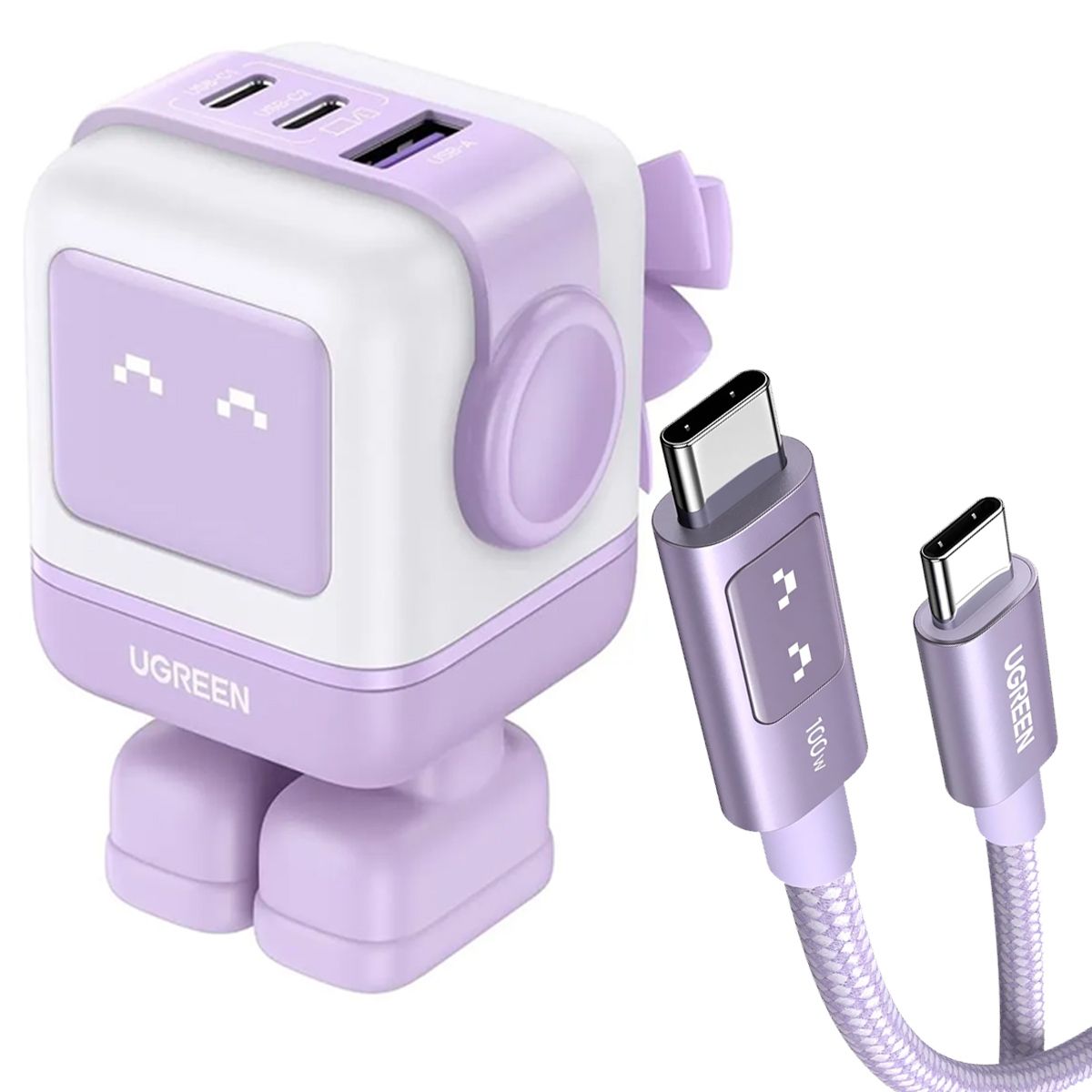 UGREEN - Cargador Robot Ugreen 65w + Cable Pantalla 100 W 1m Lila