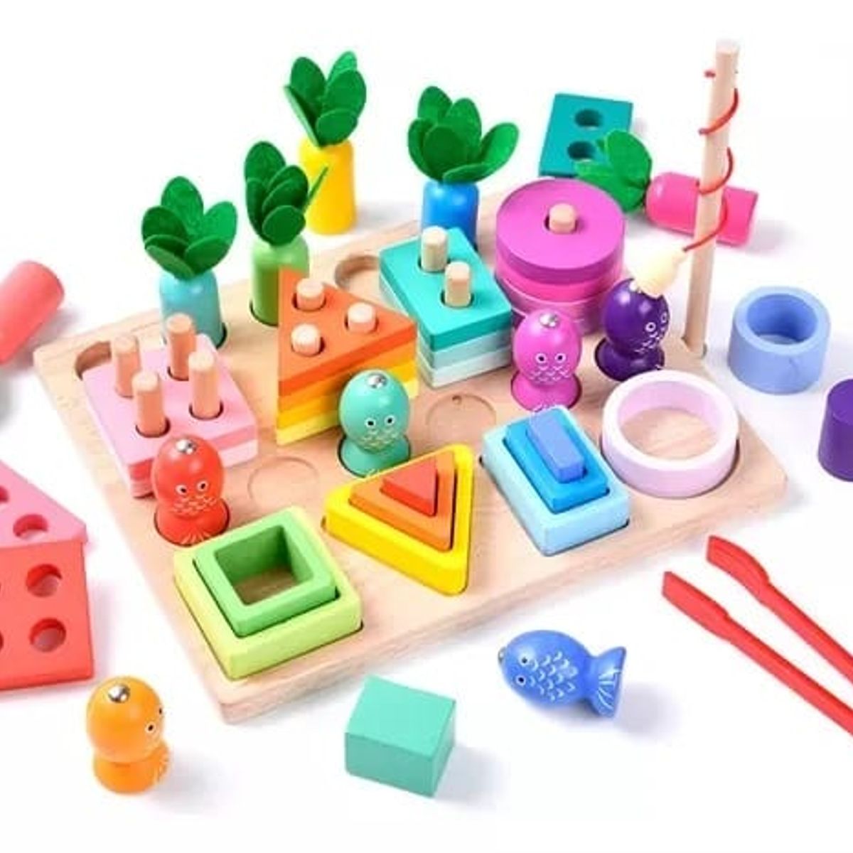 GENERICO - JUEGO DIDÁCTICO MONTESSORI 4 EN 1 ENCAJE APILAMIENTO PESCA