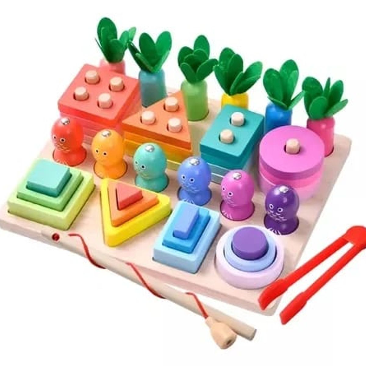 GENERICO - JUEGO DIDÁCTICO MONTESSORI 4 EN 1 ENCAJE APILAMIENTO PESCA