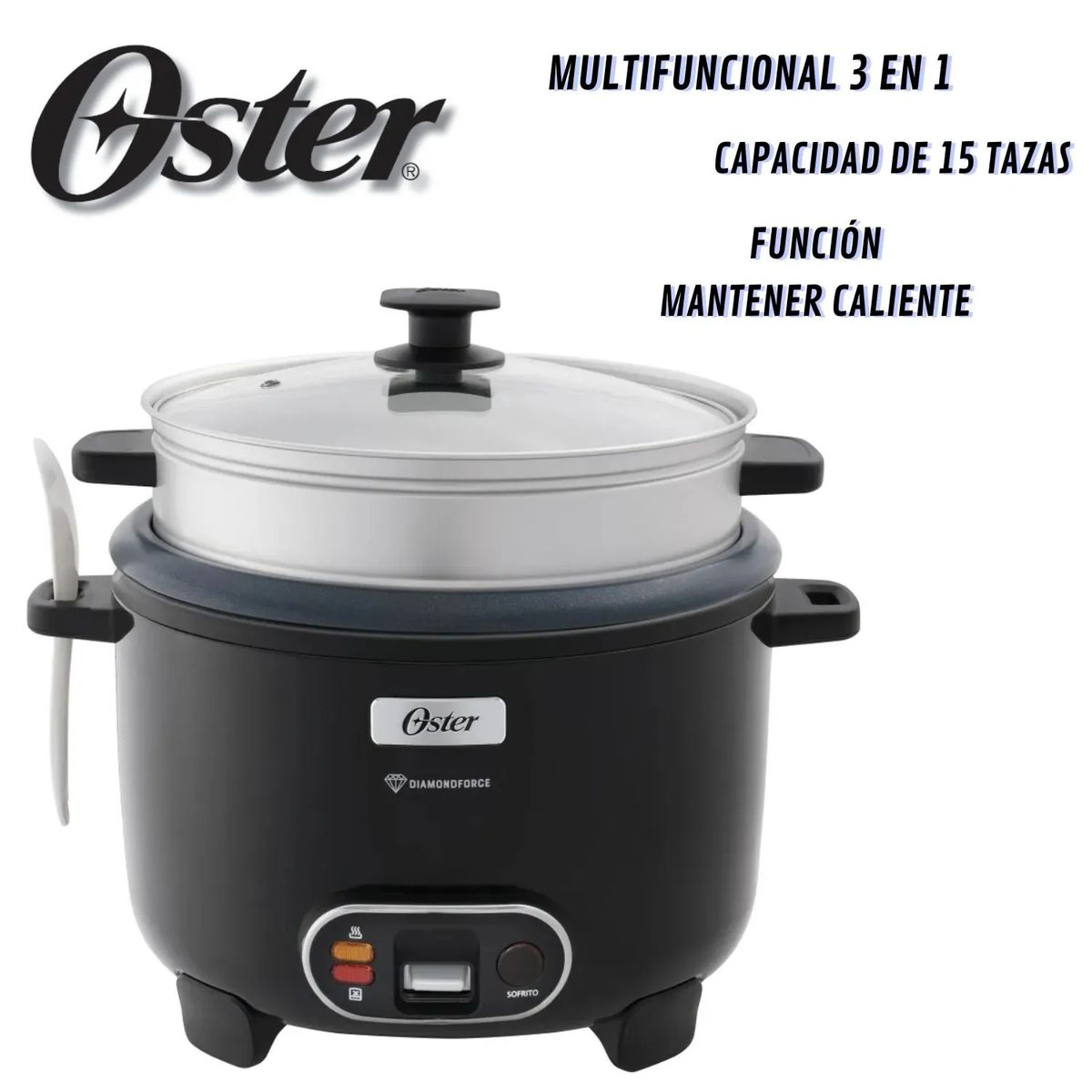 OSTER - Olla Arrocera Oster CKSTRC15DFBLK 28L con Vaporera y Función Sofrito - Negra