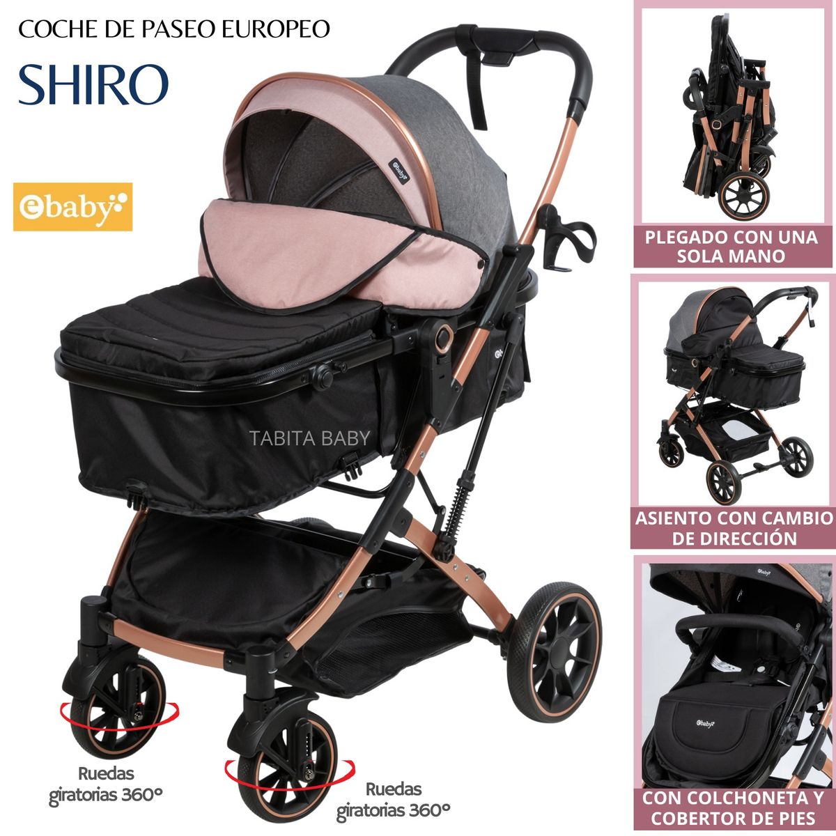 EBABY - COCHE CUNA ACOLCHONADO SHIRO ROSADO