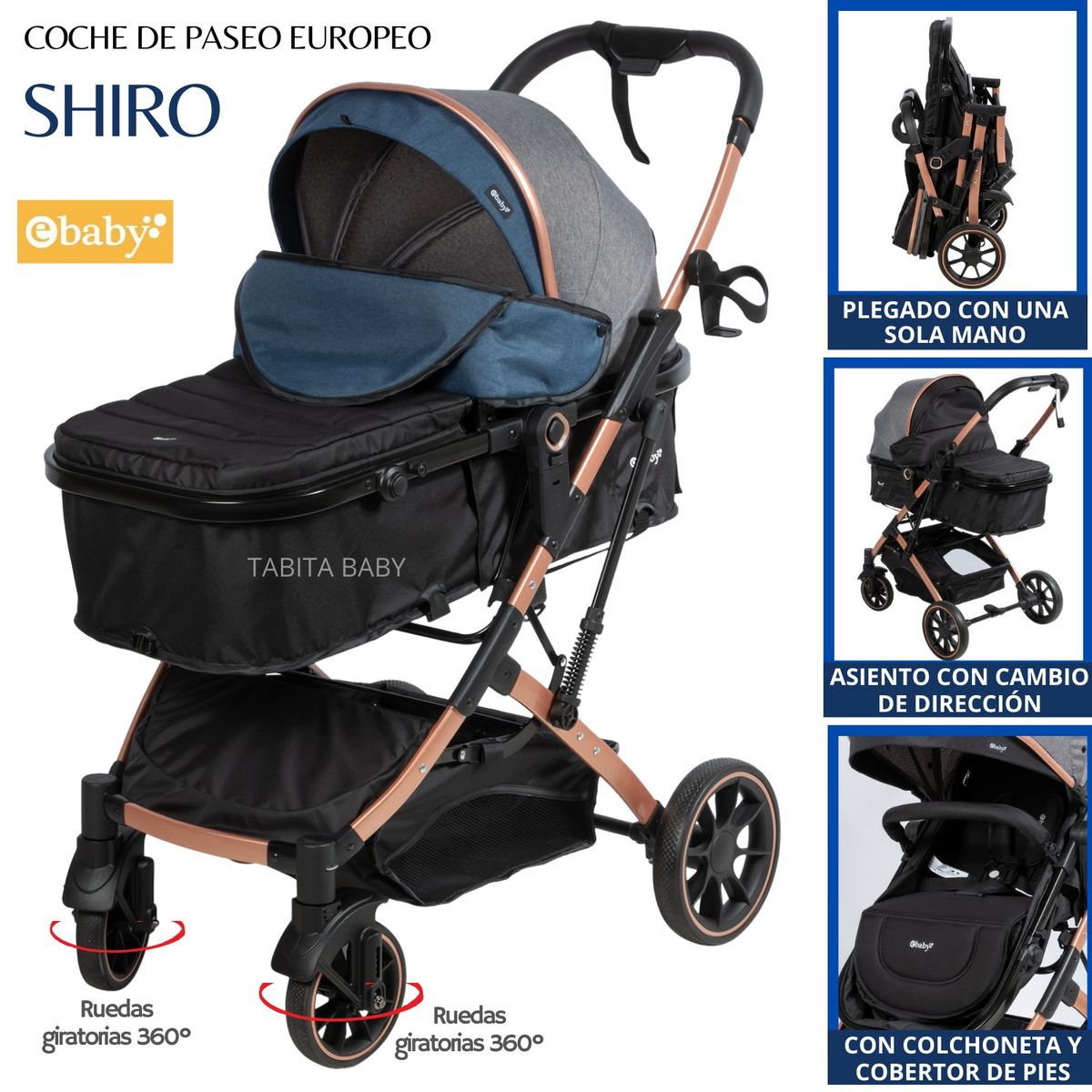 EBABY - COCHE CUNA ACOLCHONADO SHIRO AZUL