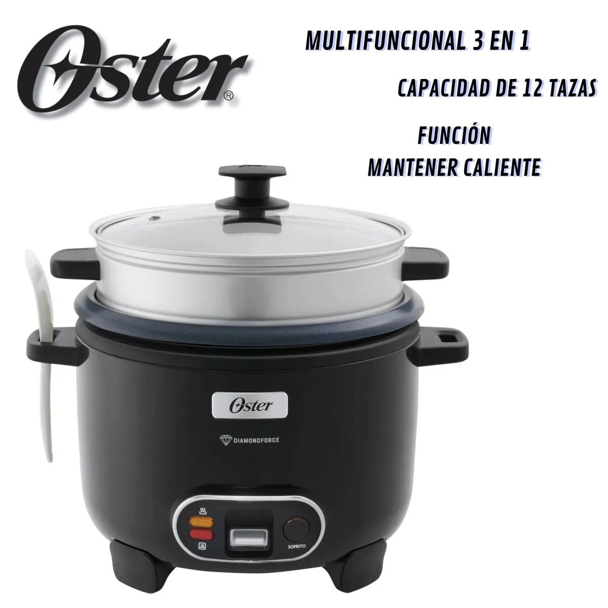 OSTER - Olla Arrocera Oster CKSTRC12DFBLK 22L con Vaporera y Función Sofrito -Negra