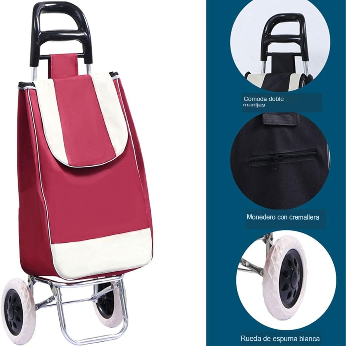 GENERICO - COCHE GRANDE CARRITO COMPRAS BOLSO MERCADO HOGAR CON BOLSILLO Y CIERRE GUINDA