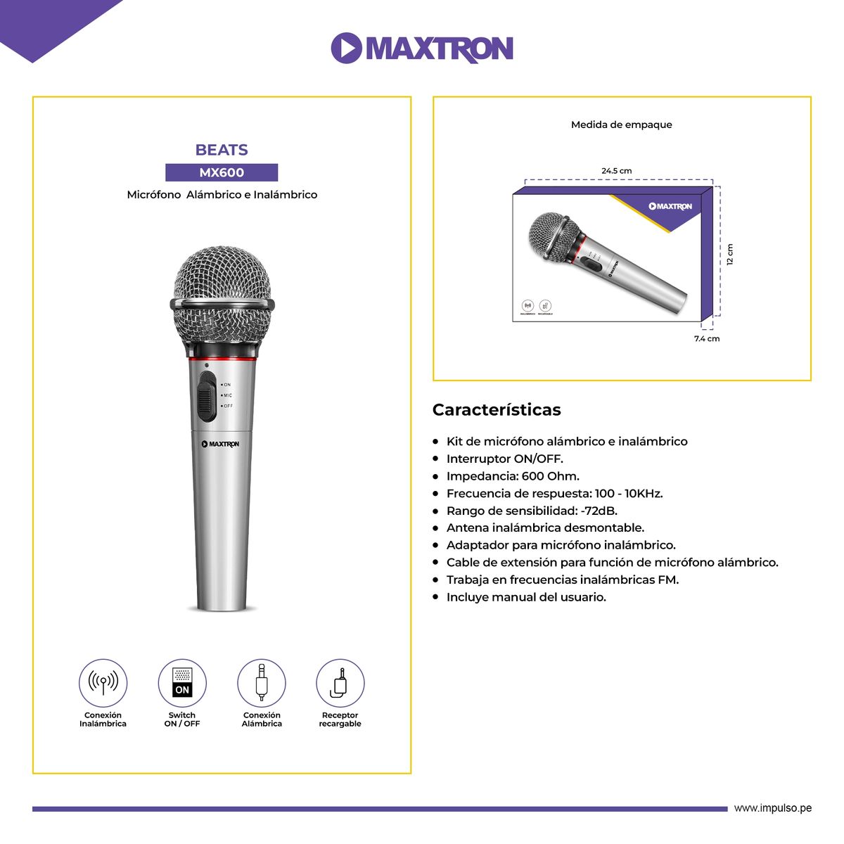 MAXTRON - Microfono alambrico e inalambrico  plug 6,35 maxtron Beats - MX600