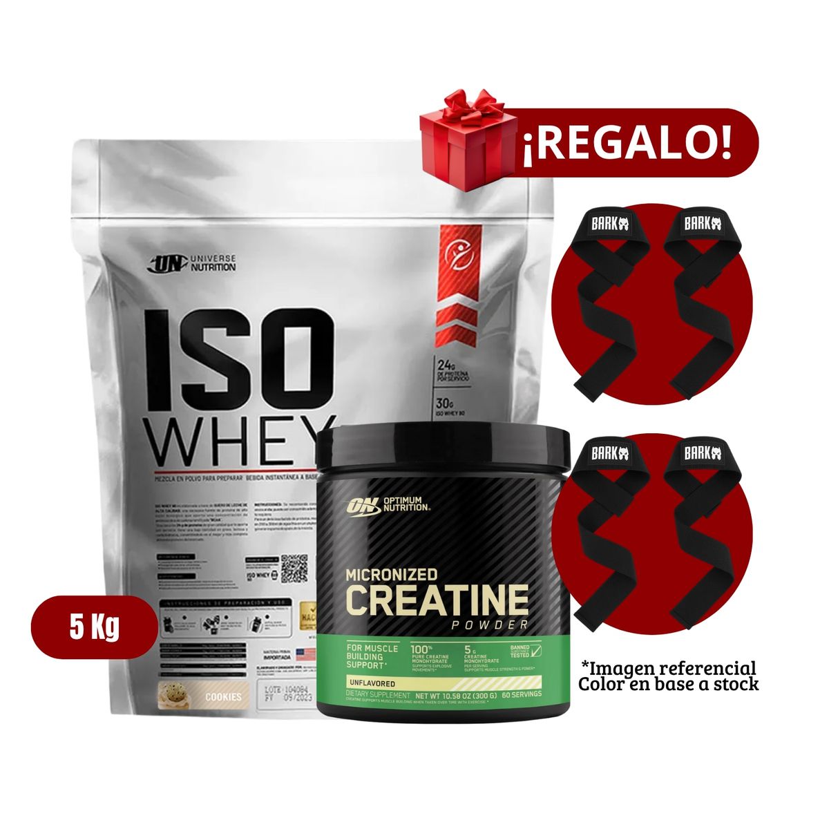 UNIVERSE NUTRITION - Proteína Iso Whey 5Kg Cookies+Optimum Nutrition 600g+2 Straps