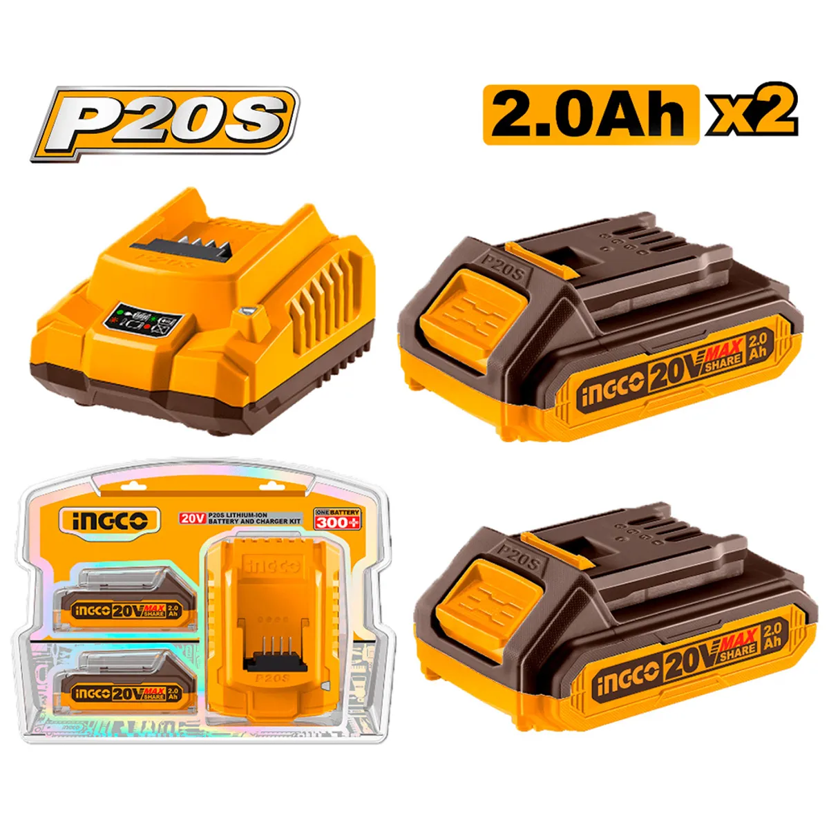 INGCO TOOLS - SET 2 BATERÍAS 20V 2.0AH + 1 CARGADOR INGCO FBCPK1222