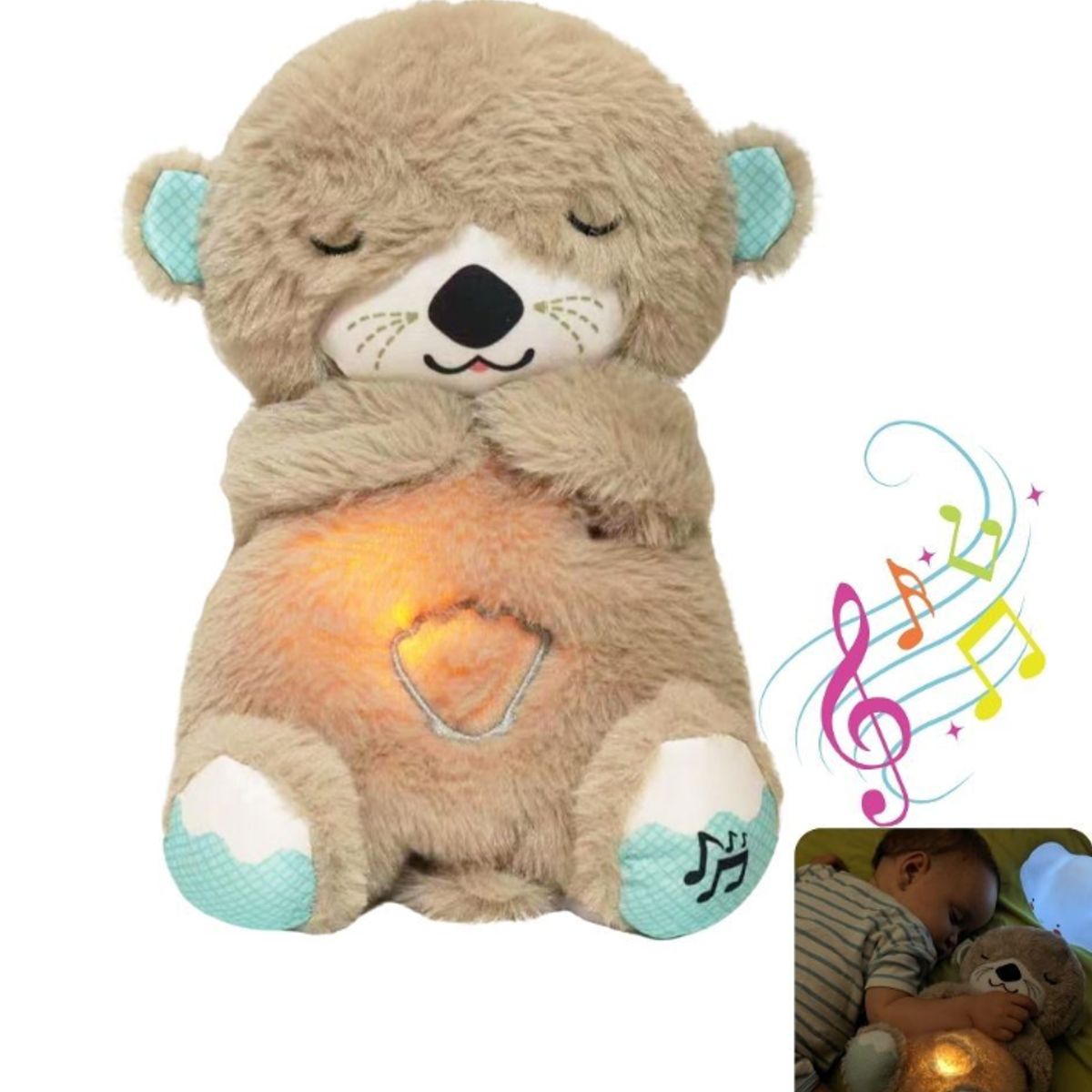 GENERICO - PELUCHE MUSICAL HIPOALERGÉNICO LUZ RELAJANTE RESPIRACIÓN NUTRIA BEIGE