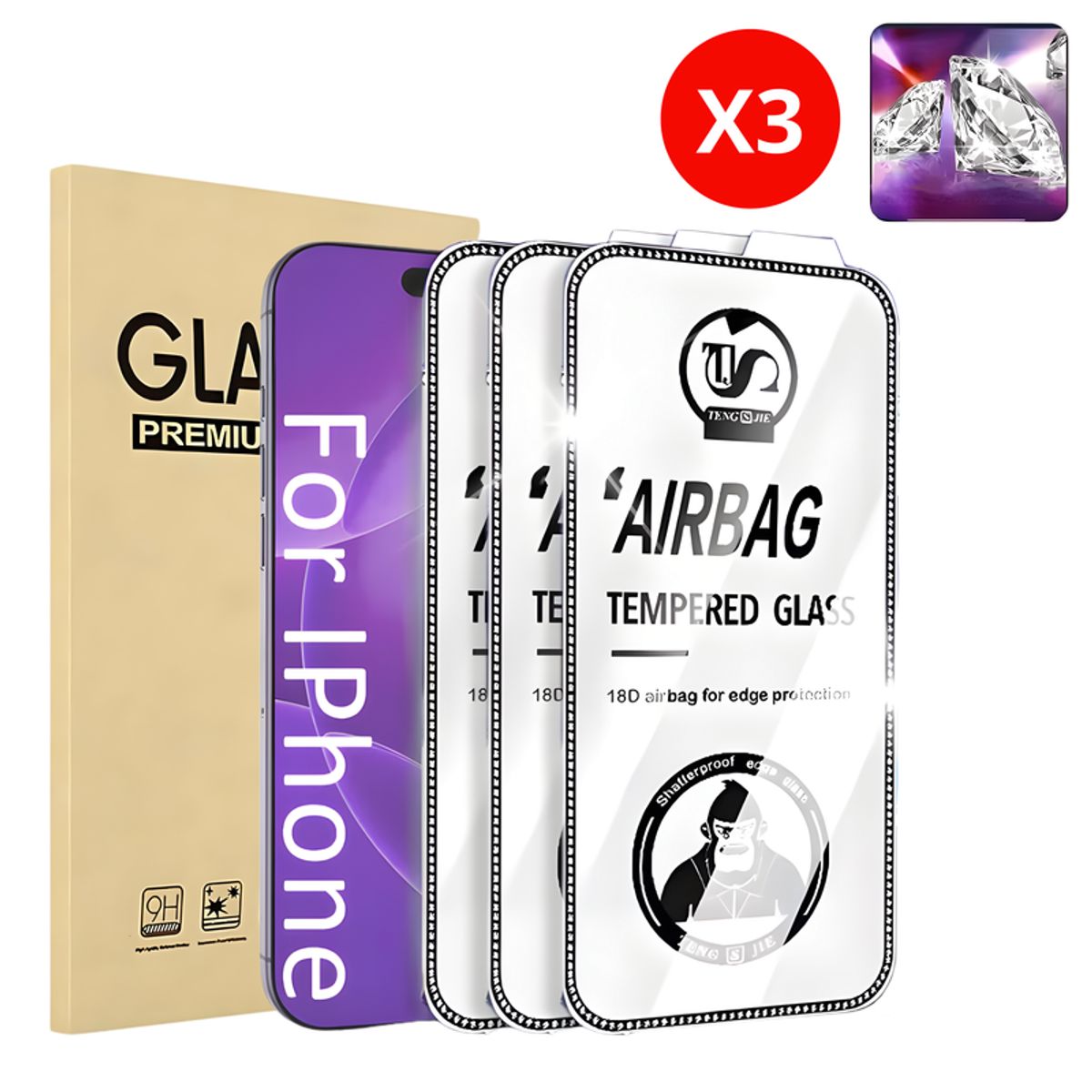 SHIELD - Pack x3 Mica Protector de Pantalla de Vidrio Templado Borde Diamante para iPhone 11