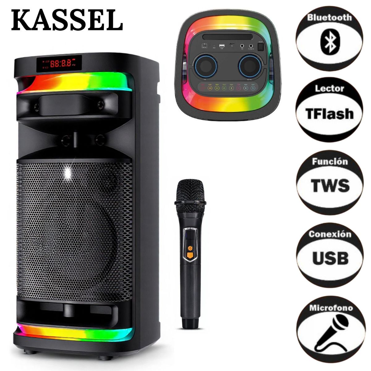 GENERICO - Parlante Kassel K828 Boofer 8 Pulgadas Luces RBG 01 Micrófono