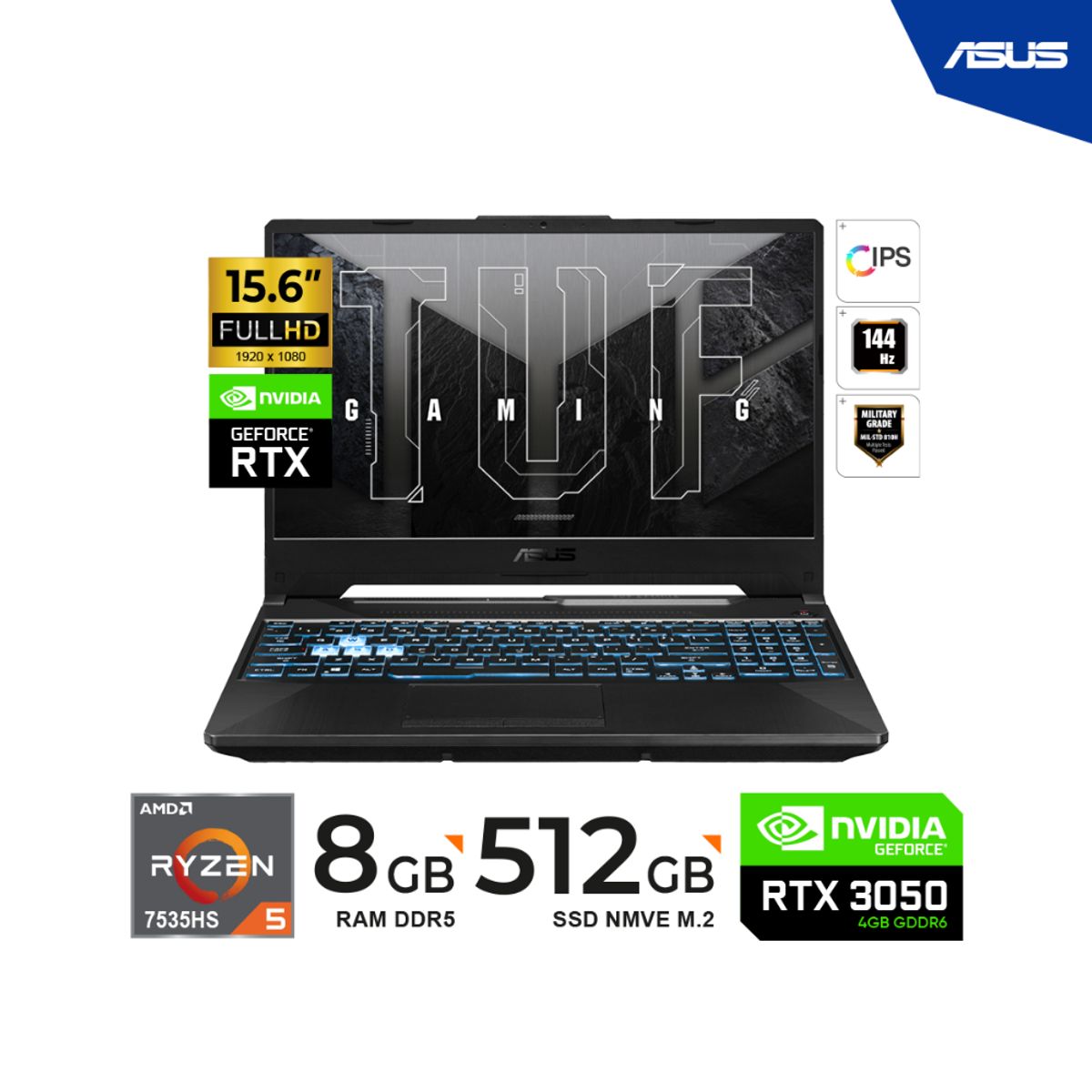 ASUS - LAPTOP ASUS TUF GAMING A15 / Ryzen 5 7535HS / RTX 3050 4GB / 8GB RAM / 512GB SSD / 15.6" FHD 144Hz