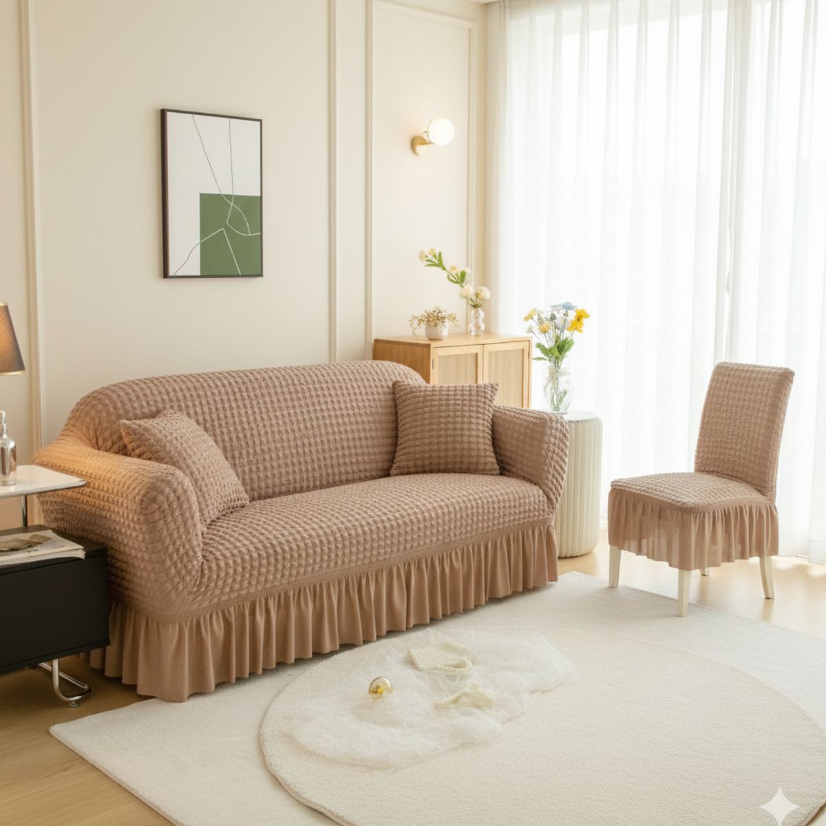 SALA FABULOSA - Pack Mueble 3-2-1 con  funda de silla(8pzs) en burbuja - Beige