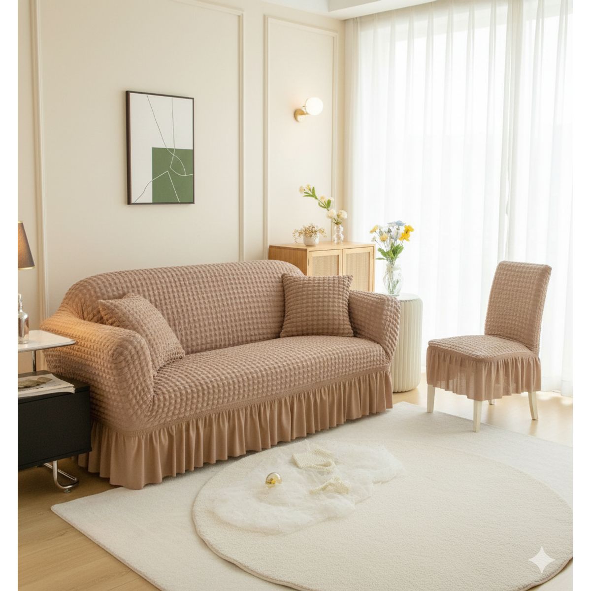 SALA FABULOSA - Pack Mueble 3-2-1 con  funda de silla(8pzs) en burbuja - Beige