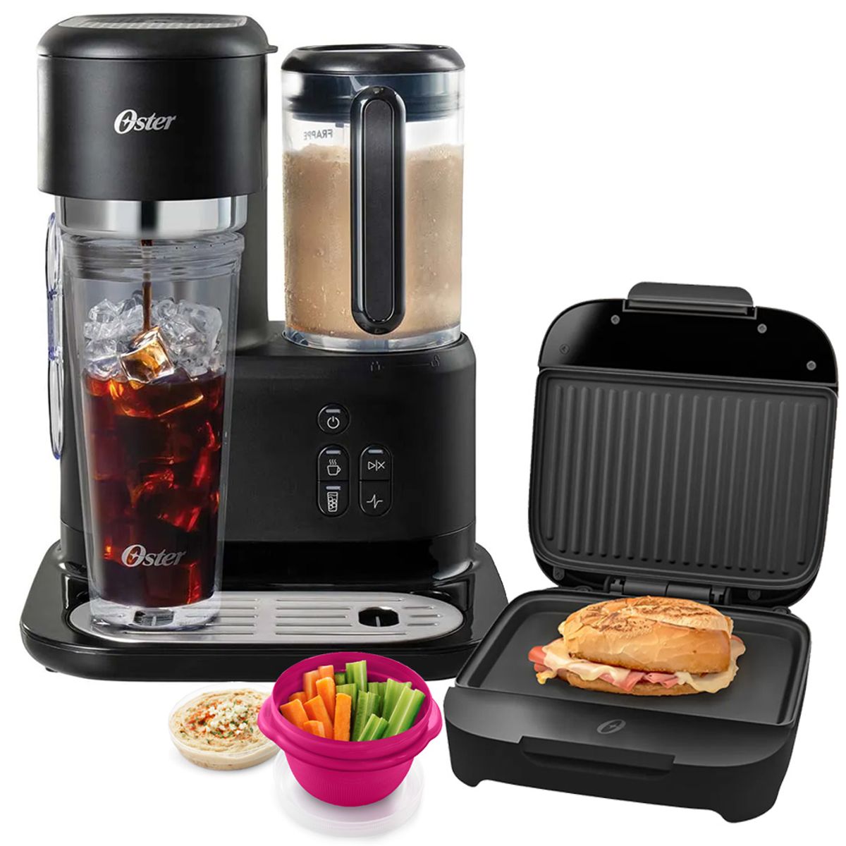 OSTER - Cafetera frappe Oster con Licuadora BVSTDC03B 3 en 1 + Sandwichera Platos Hondos