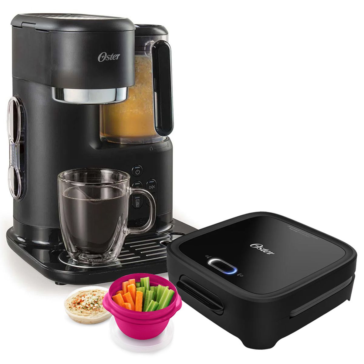 OSTER - Cafetera frappe Oster con Licuadora BVSTDC03B 3 en 1 + Sandwichera Platos Hondos