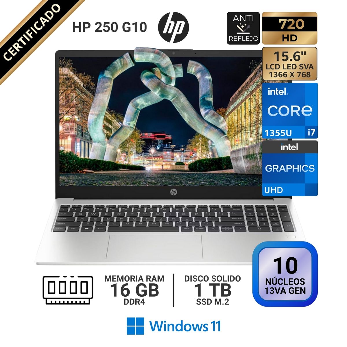 HP - Laptop HP 250 G10, 15.6" LCD LED HD SVA, Core i7 1355U 13va GEN, RAM 16GB, SSD 1 TB, Windows 11 Pro