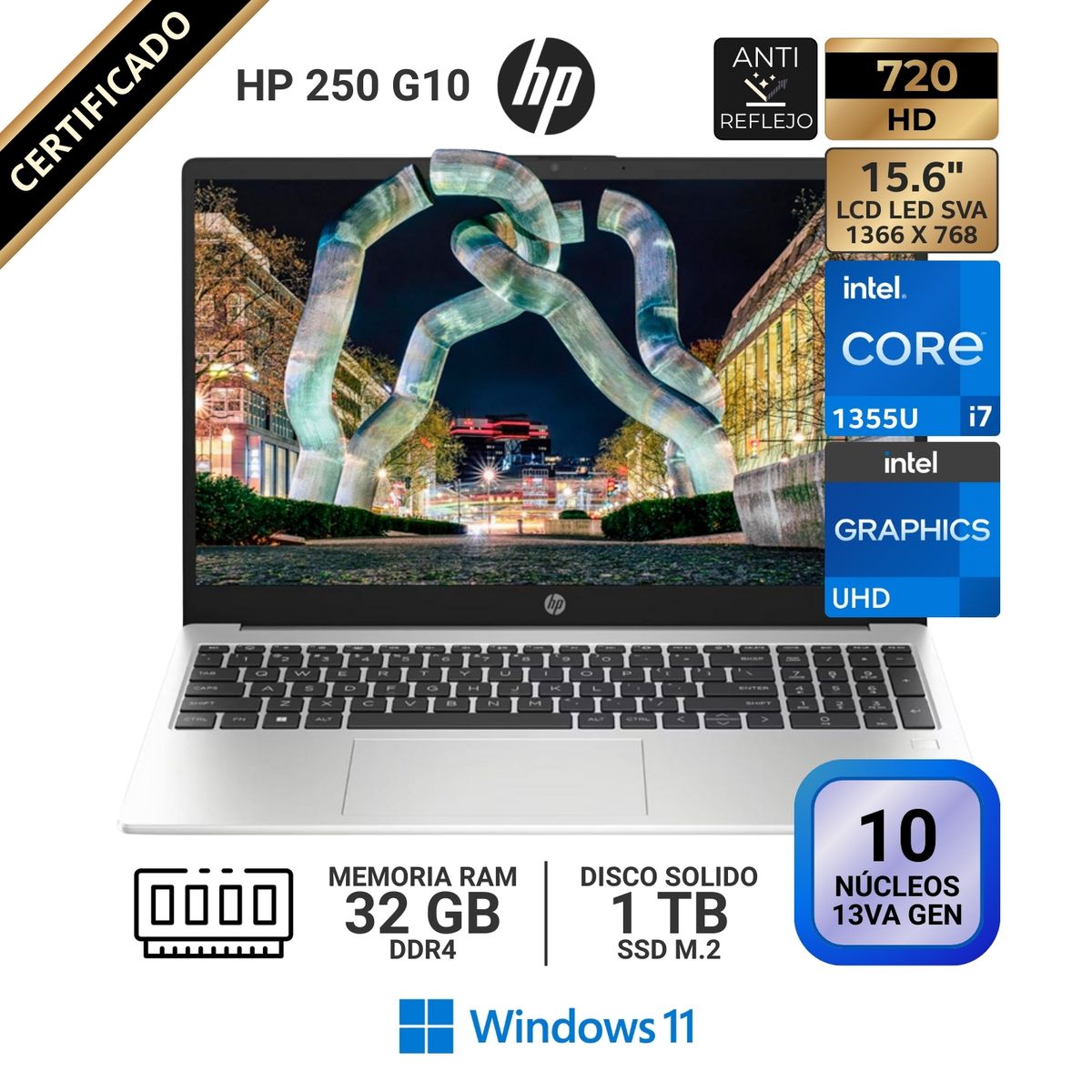 HP - Laptop HP 250 G10, 15.6" LCD LED HD SVA, Core i7 1355U 13va GEN, RAM 32GB, SSD 1 TB, Windows 11 Pro