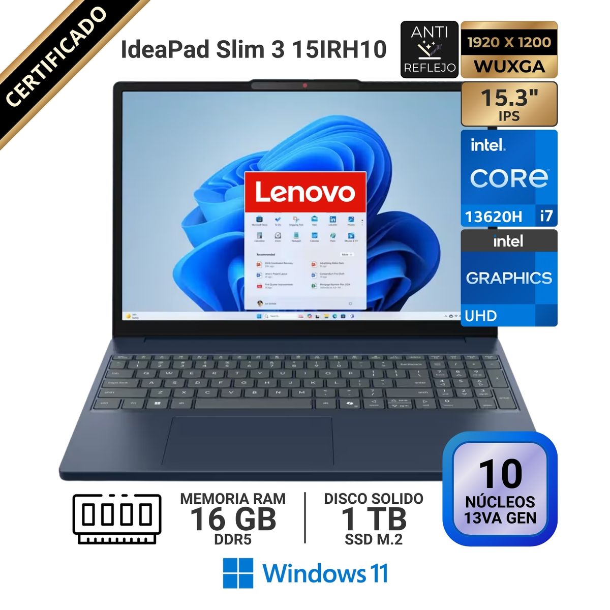 LENOVO - Laptop Lenovo IdeaPad Slim 3 15IRH10, 15.3" WUXGA IPS, Core i7 13620H, RAM 16GB, SSD 1 TB, Win 11