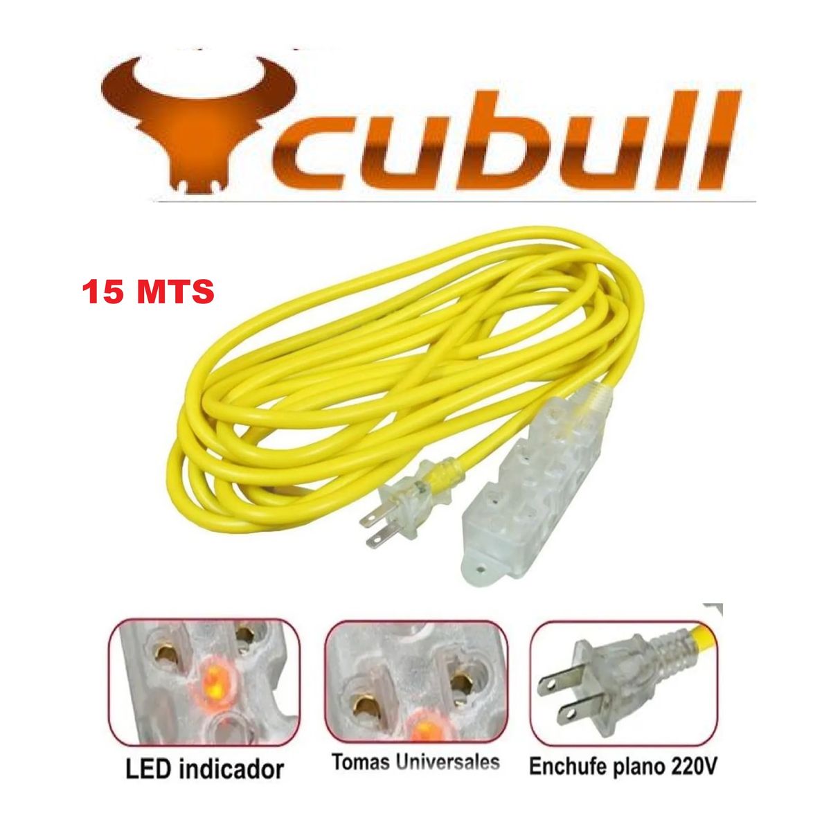 CUBULL - EXTENSIÓN AMARILLA ELÉCTRICA 15MT CABLE VULCANIZADO 3 TOMAS - CUBULL