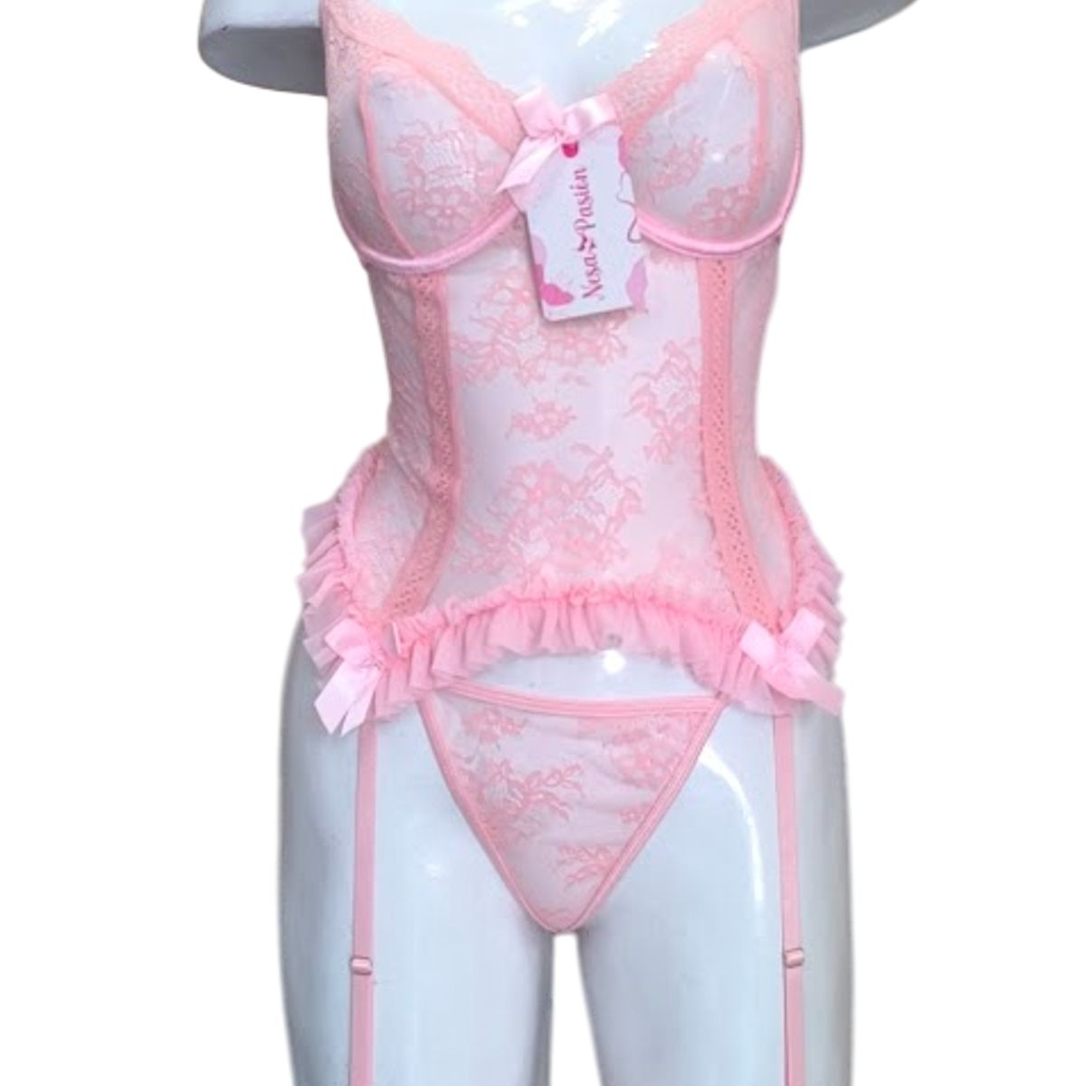 GENERICO - LENCERIA DE ENCAJE CON PORTALIGAS ROSADO