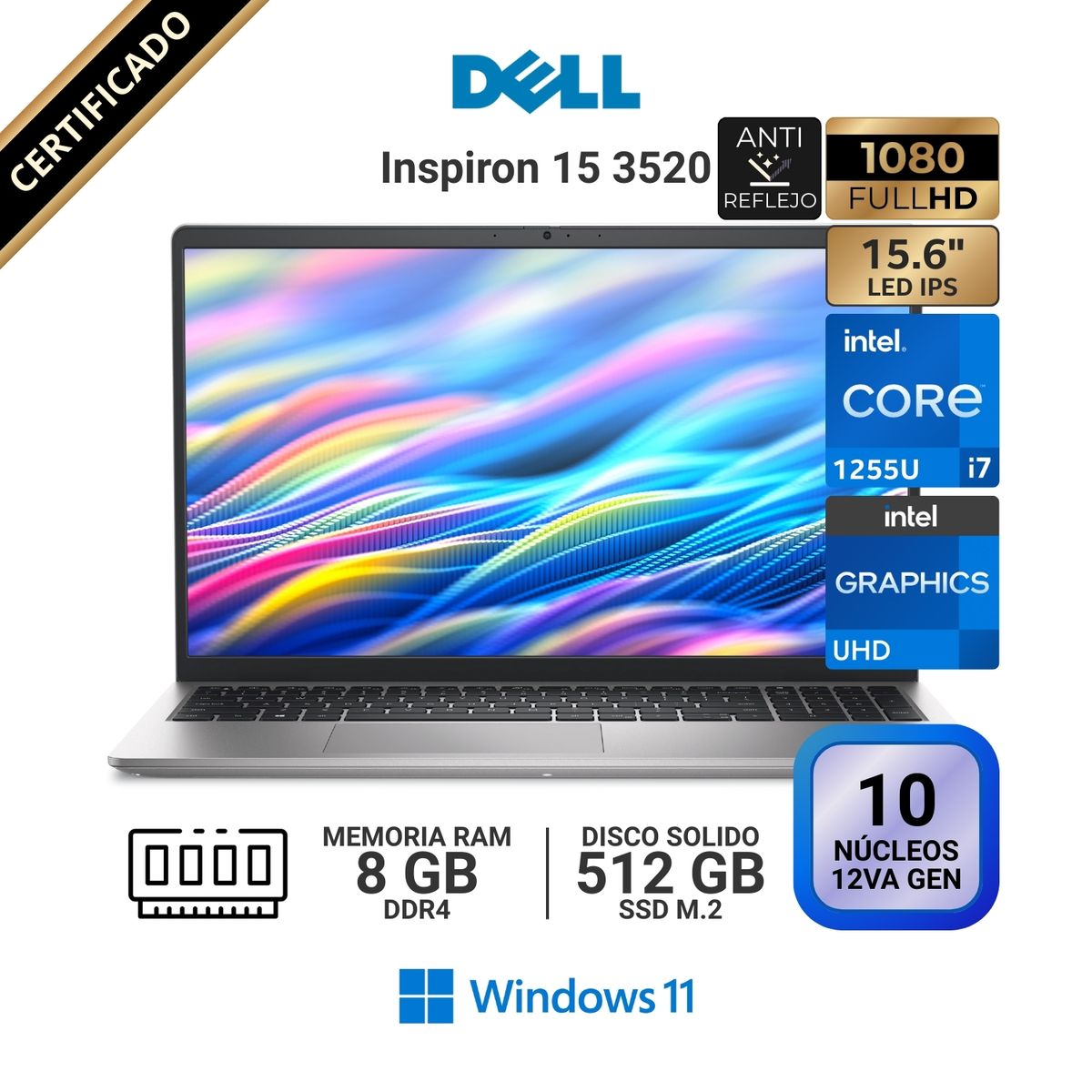DELL - Laptop Dell Inspiron 3520, 15.6" FHD IPS, Core i7 1255U 12va GEN, RAM 8GB, SSD 512GB, Windows 11 Pro