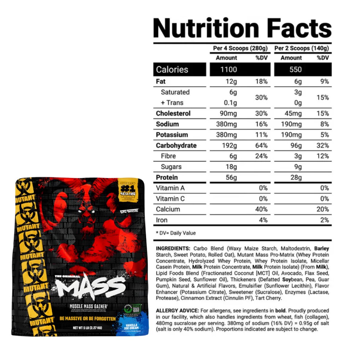 MUTANT - Mutant Mass 5 LB Mass Gainer - Vainilla Ice Cream + Creatina Ronnie Coleman 300 g + Shaker + Straps