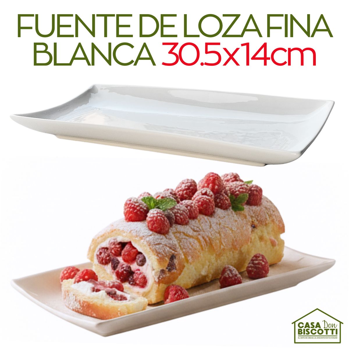 GENERICO - Fuente Rectangular de Loza Blanca Fina Profesional 30cm 12 pulgadas - Azafate de Cerámica Duradero