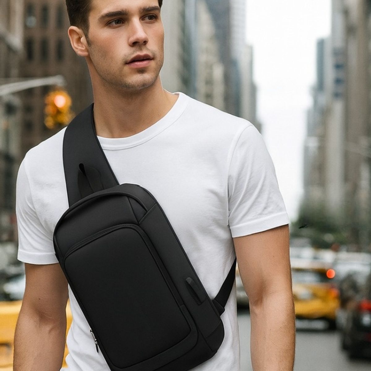 GENERICO - MORRAL PECHERA BOLSO MOCHILA CROSSBODY CRUZADO ANTIRROBO USB NEGRO