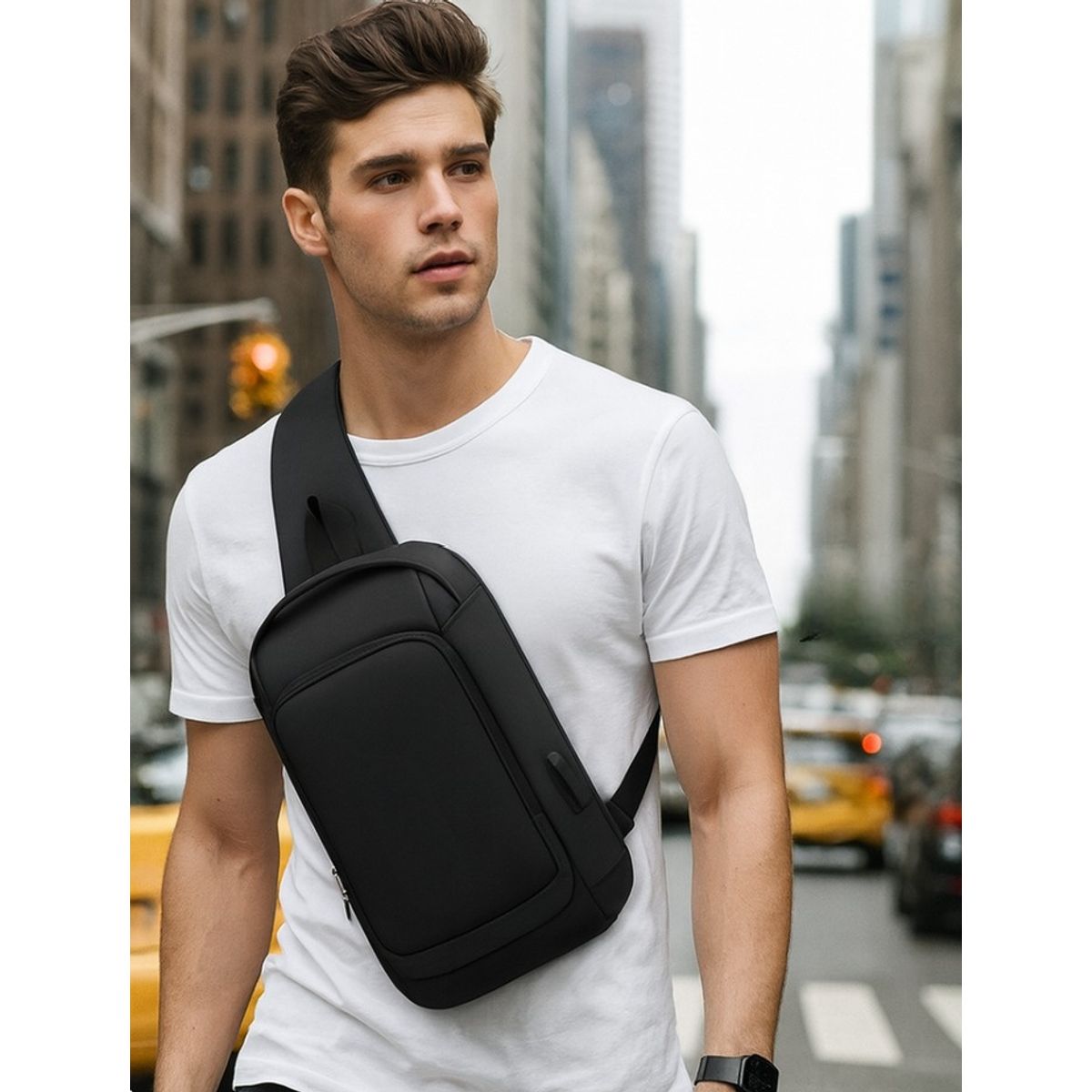 GENERICO - MORRAL PECHERA BOLSO MOCHILA CROSSBODY CRUZADO ANTIRROBO USB NEGRO