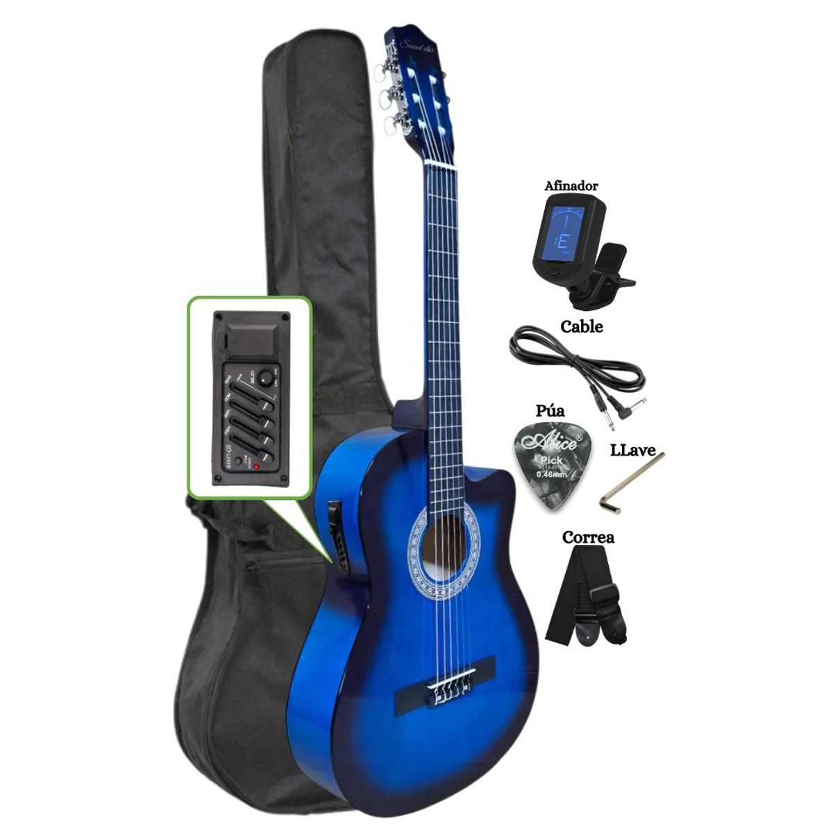 GENERICO - Guitarra Electroacustica Azul 39″ nylon con Funda Afinador y Accesorios