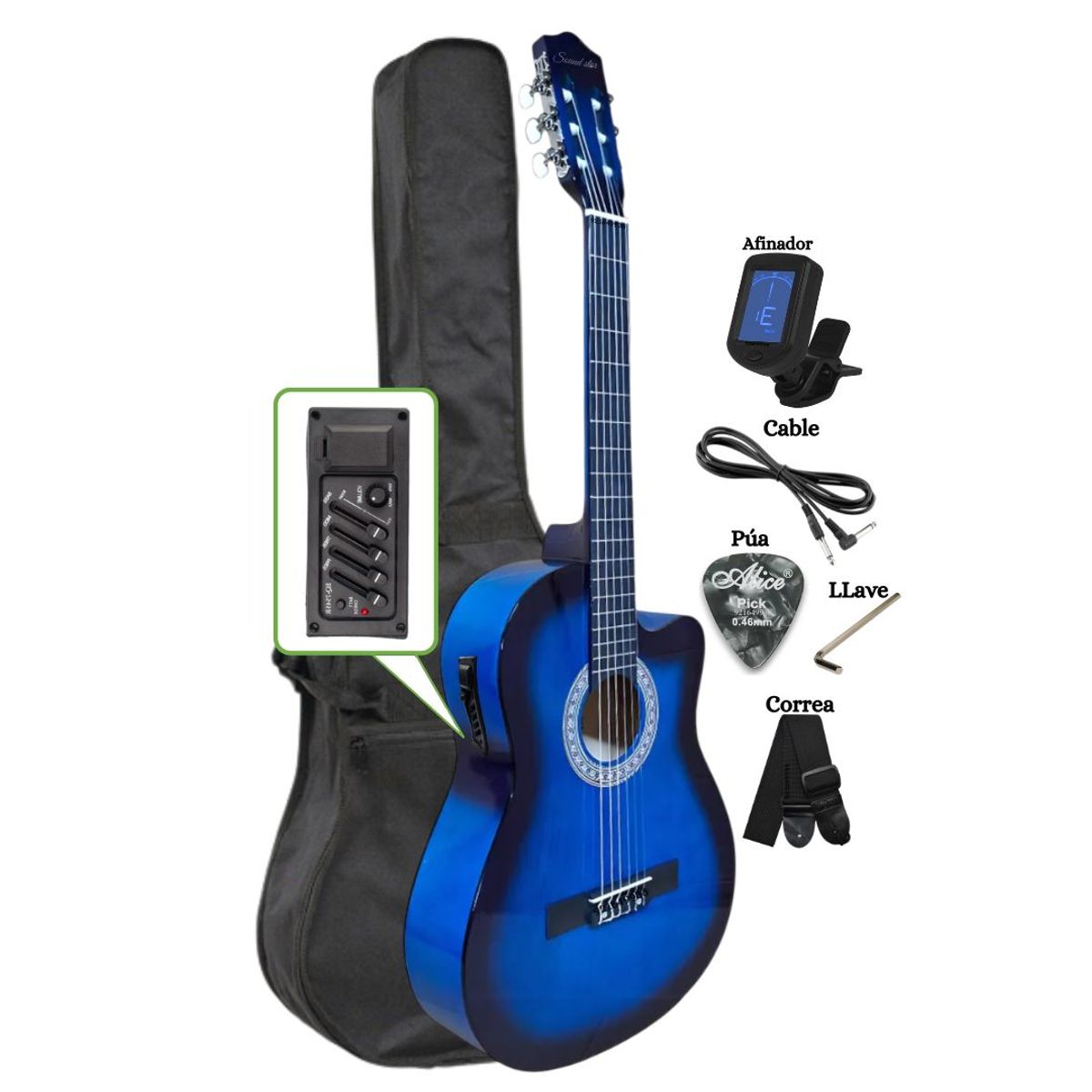 GENERICO - Guitarra Electroacustica Azul 39″ nylon con Funda Afinador y Accesorios