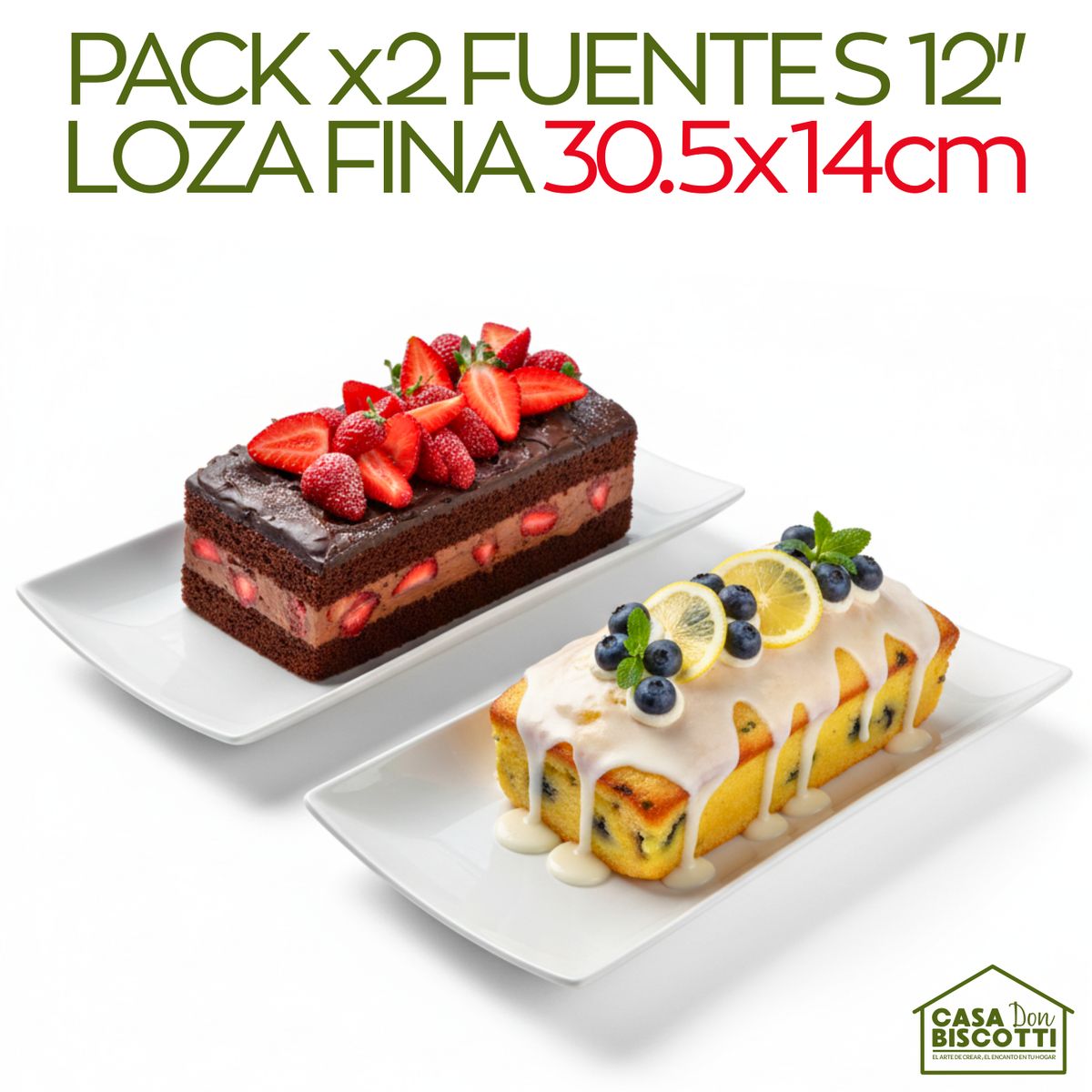 GENERICO - Fuente Rectangular de Loza Fina 12 pulgadas 30cm Largo PACK x2 - Plato Alargado de Cerámica Blanca