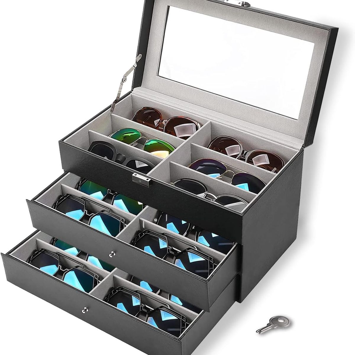 GENERICO - Exhibidor Organizador para Lentes 18 Compartimentos – PU Premium con Tapa Transparente (3 Niveles)