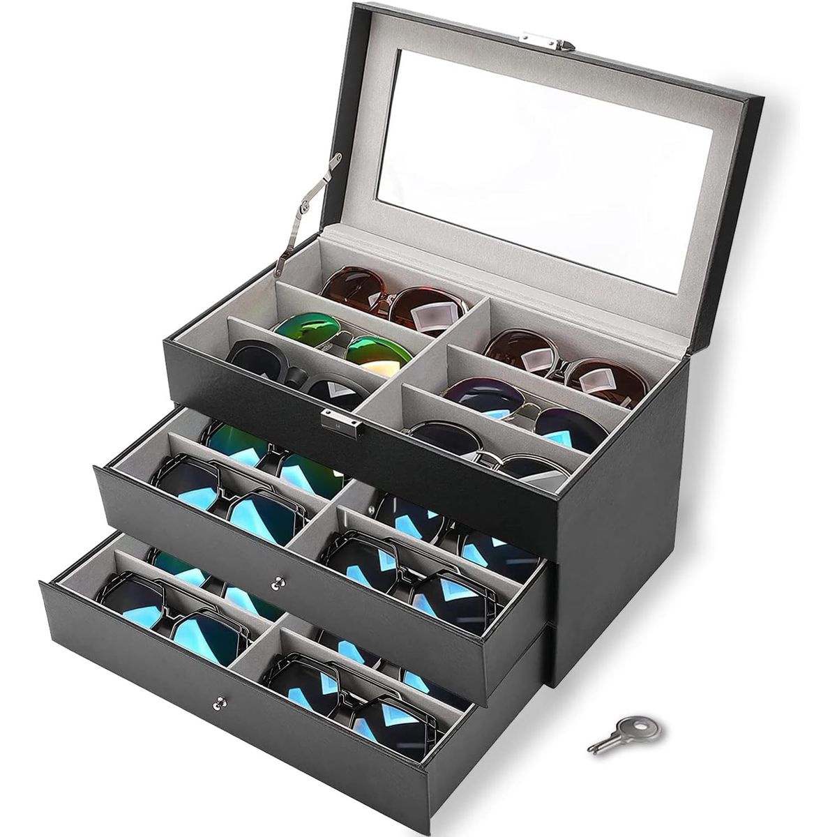 GENERICO - Exhibidor Organizador para Lentes 18 Compartimentos – PU Premium con Tapa Transparente (3 Niveles)